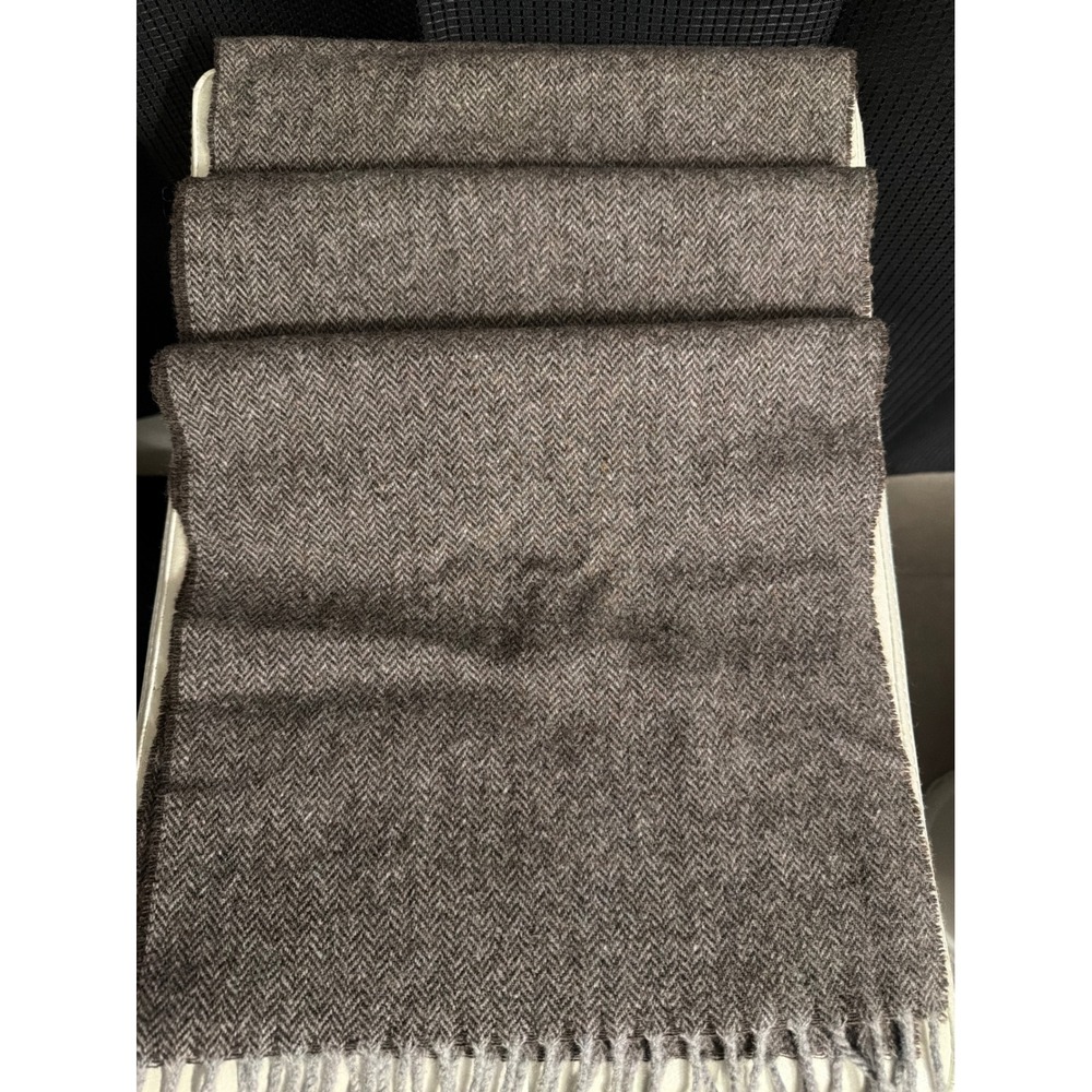 Cashmere Blend Wool Scarf Brown Herringbone Made in Italy Fringe Unisex RN75343